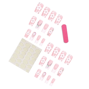 French tip press-on nails with pink floral art and sparkling rhinestones 24pcs set