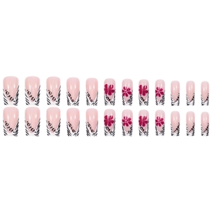 Pink press-on nails with zebra pattern and red flowers in medium-long square shape