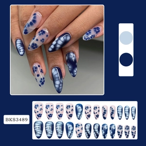 Blue floral and marble pattern long almond press-on nails set with 24 pieces