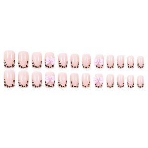 Pink French leopard print square press-on nails set with 3D pink bow accents