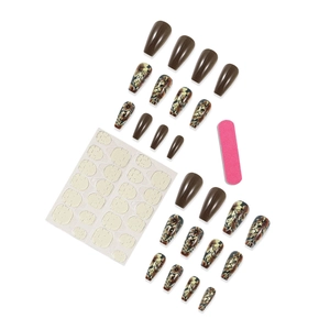 Set unghie finte lunghe a ballerina sfumate marroni con fiori e strumenti manicure