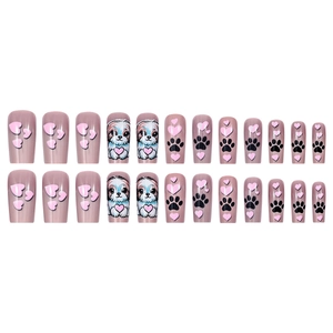 Medium square press-on nails featuring cute puppy designs and 3D heart patterns