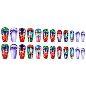 Colorful mushroom patterned long coffin press-on nails with 24 pieces set design