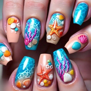 Unghie A Pressione Tema Oceano 3D Balletto Lungo Unghie Finte Artificiali Stella Marina Conchiglia Corallo Con Colla Gel