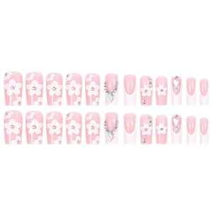 French tip press-on nails with 3D floral designs and sparkling rhinestones 24pcs set