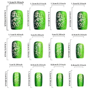 Size chart for green gradient press-on nails with golden snake design in twelve sizes