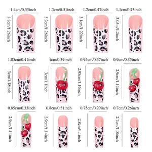 Size chart for leopard French press-on nails with cherry accents in 12 various dimensions