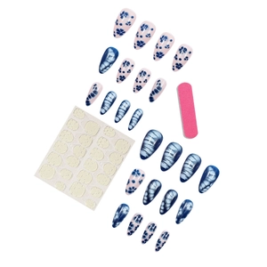 Blue marble and floral almond press-on nails set with adhesive tabs and nail file