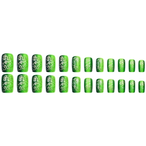Green gradient press-on nails with silver snake patterns and square coffin shape