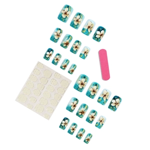 Blue marble press-on nails set with white hibiscus flowers and golden glitter accents