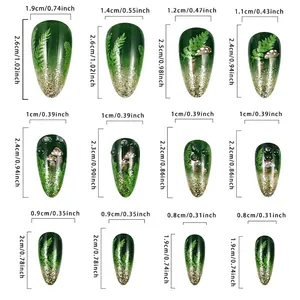 Size chart for green forest mushroom press-on nails with fern and glitter patterns