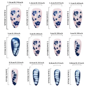 Size guide for blue floral almond press-on nails with 12 pieces in detailed measurements