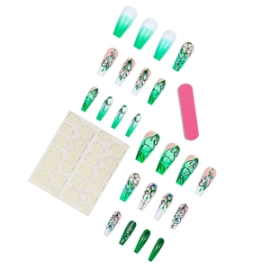 Unghie finte gradient verdi con motivi floreali, strass e kit di applicazione incluso