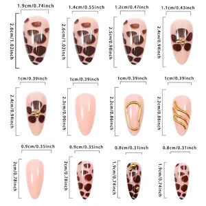 Size chart showing width and length of leopard print 3D floral long press-on nails set