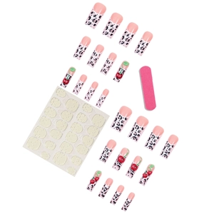 Pink French leopard print press-on nails set with cherry motifs and application tools