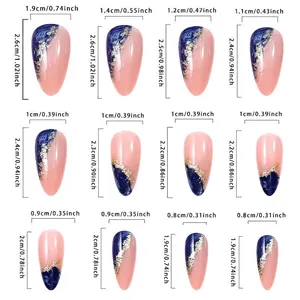 Size chart for royal blue marble press-on nails with measurements in cm and inches