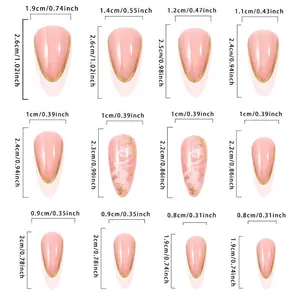 Size chart for French gold edge press-on nails in various long almond shapes and sizes