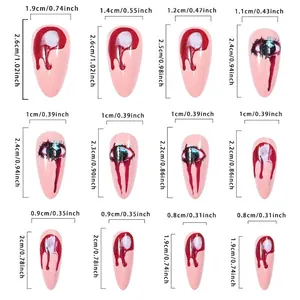 Size chart for almond Halloween press-on nails with bloody eye design and dimensions
