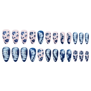 Blue and white floral almond press-on nails set with 24 pieces in various patterns