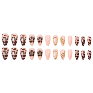 3D leopard print and floral press-on nails with gold metal line and bead accents