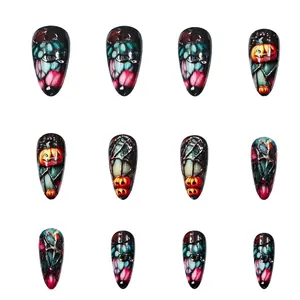 Size chart for Halloween press-on nails featuring spider web and pumpkin designs