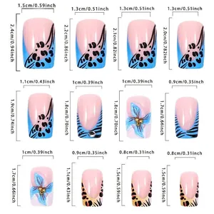 Blue leopard French press on nails size chart with 12 distinct measurement specifications