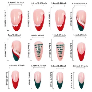 Size chart for Christmas themed press-on nails with 12 precise dimension measurements