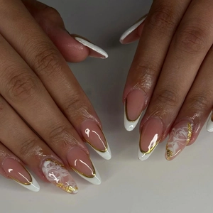 Press On Nails French White Gold Edge Almond Shape Marble Smudge Design Manicure For Women With Adhesive Tabs And File
