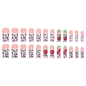 French leopard print press-on nails with 3D cherry accents in long square shape