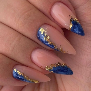 Almond Stiletto Press On Nails Royal Blue Marble Smudge French Style Elegant Luxury Gold Foil With Jelly Glue And Nail File For Women