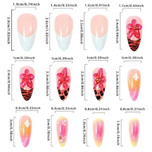 Size guide for 3D floral French press-on nails showing width and length in centimeters