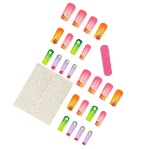 Colorful strawberry sun press-on nail kit with gradient colors and DIY tools
