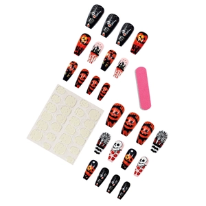 Halloween medium trapezoid press-on nails with pumpkin and skeleton designs set