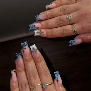 Blue Leopard Print French Press On Nails Long Trapezoid With Blue Flowers Rhinestones Fashion Manicure For Women