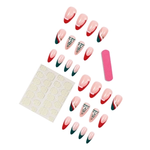 Christmas press-on nails with red green patterns and almond shape 24pcs full set