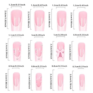 Size chart for French white pearl bow press-on nails with 12 medium length sizes