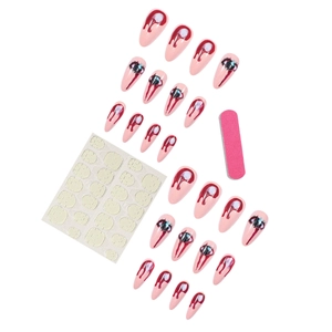 Halloween bloody eye almond nails set with glue tabs and mini nail file on white surface