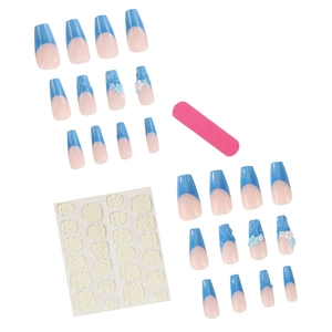 Blue French style press-on nails set with 3D flower decorations and gradients