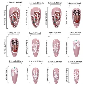Size guide for Christmas press-on nails featuring various gingerbread and reindeer patterns