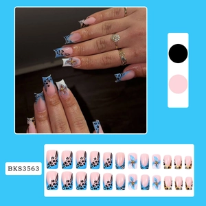 Blue French leopard print press-on nails set with 3D flower and glitter accents