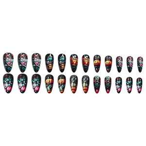Halloween almond fake nails with pumpkin and ghost house designs, set of 24 pieces