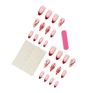 Unghie finte a mandorla natalizie con glitter rossi, design a renna e fiocchi rossi
