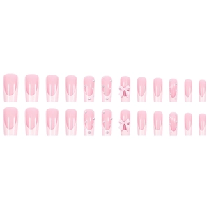 French white pearl bow reusable press-on nails set with 24 pieces of pink fake nails