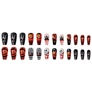 Halloween press-on nails set with pumpkin ghost and skeleton designs on long coffin shapes