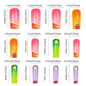 Size chart for colorful long coffin press on nails featuring strawberry and sun designs