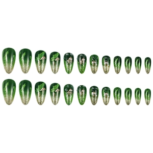 Green forest mushroom press-on nails with 24-piece gradient design and fern leaf patterns