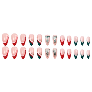 Christmas press-on nails with red French tips, green trees, and golden glitter accents