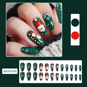 Green Christmas press-on almond nails featuring Santa, snowman, and snowflake patterns