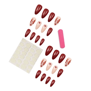Christmas red glitter press-on nails set with reindeer patterns and heart designs