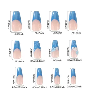 Size guide for blue French floral press-on nails showing 12 pieces with dimensions in cm